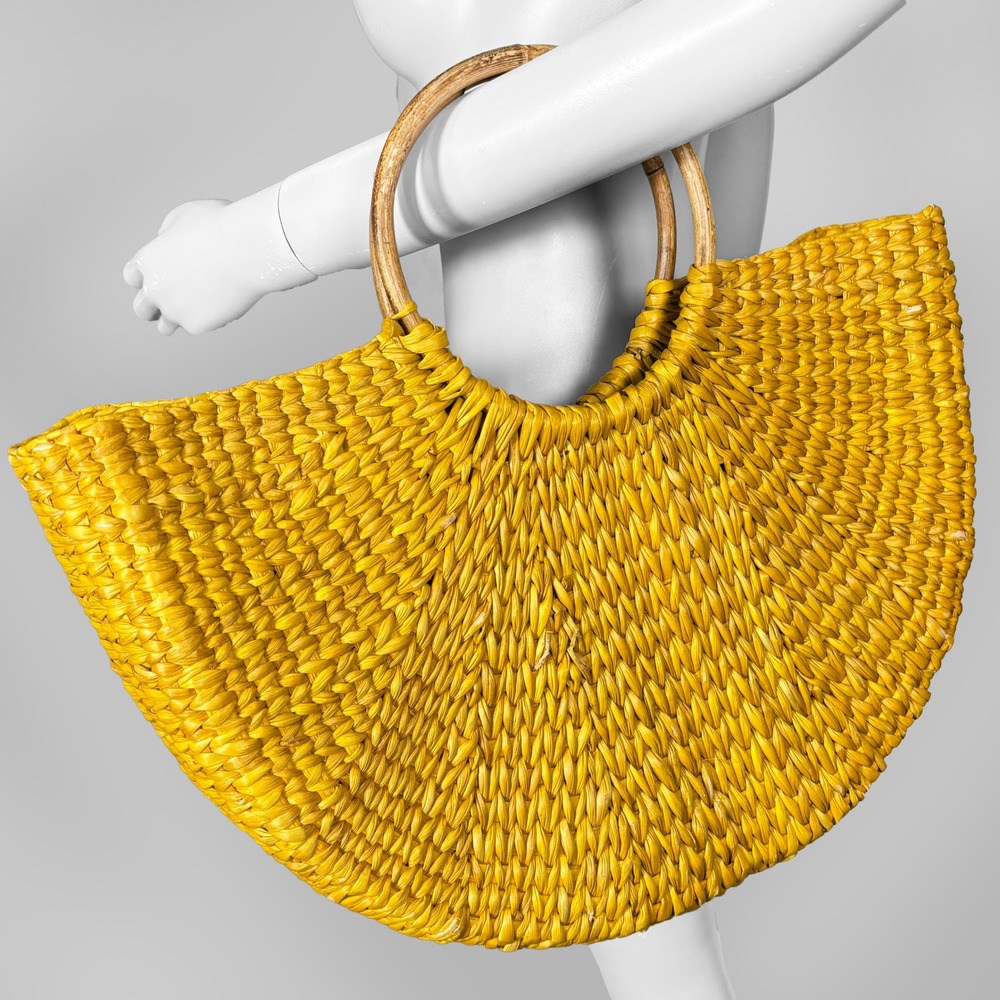 Vineet Bahl Mustard Yellow Woven Straw Semi Circle Tote Bag Bamboo Ring Handle